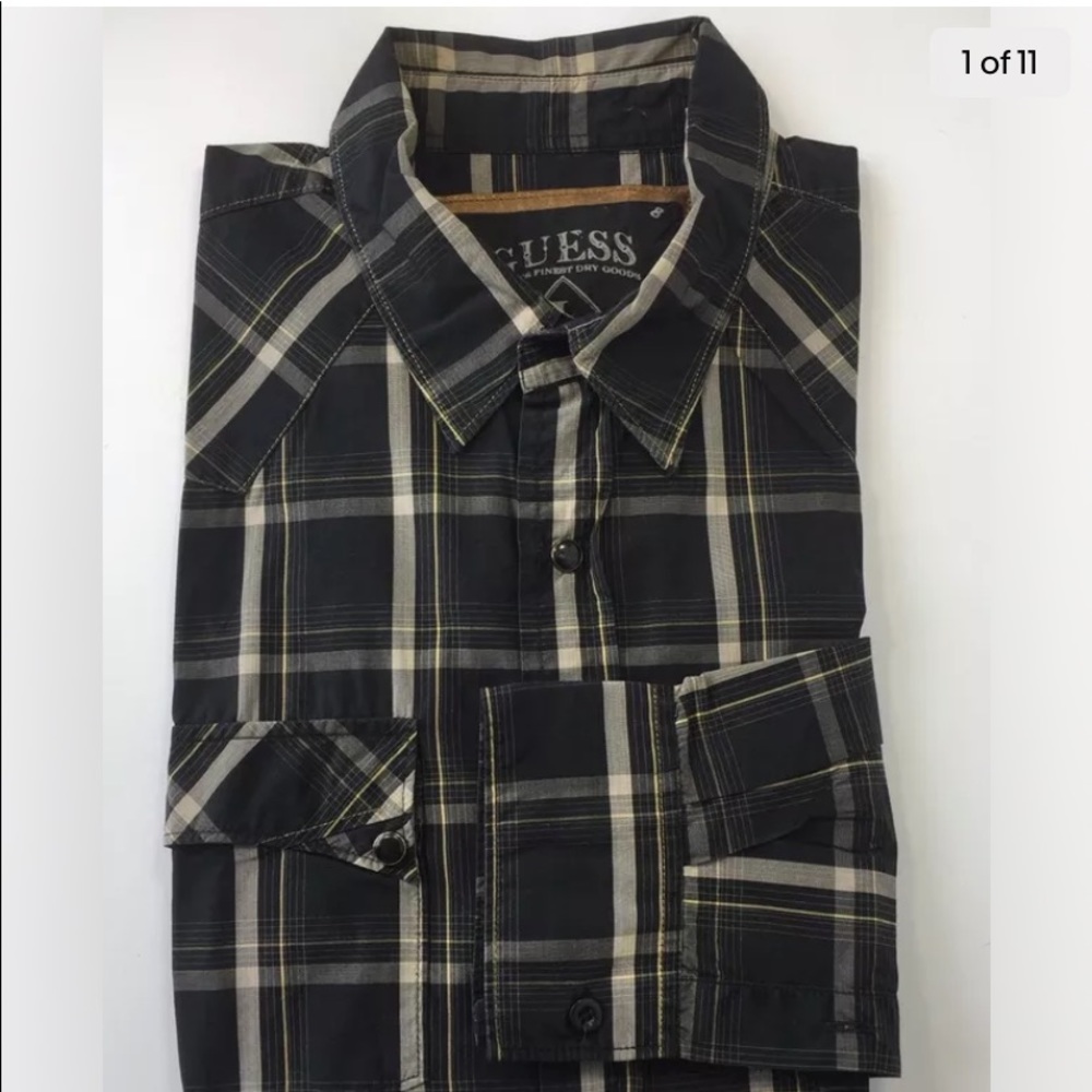 Guess Men Long Sleeve Shirt Western Large Plaid Black Beige Cotton